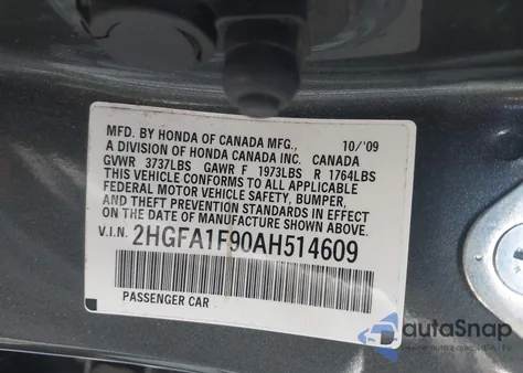 2010 Honda Civic Ex-L из США, поврежденный, VIN 2HGFA1F90AH514609